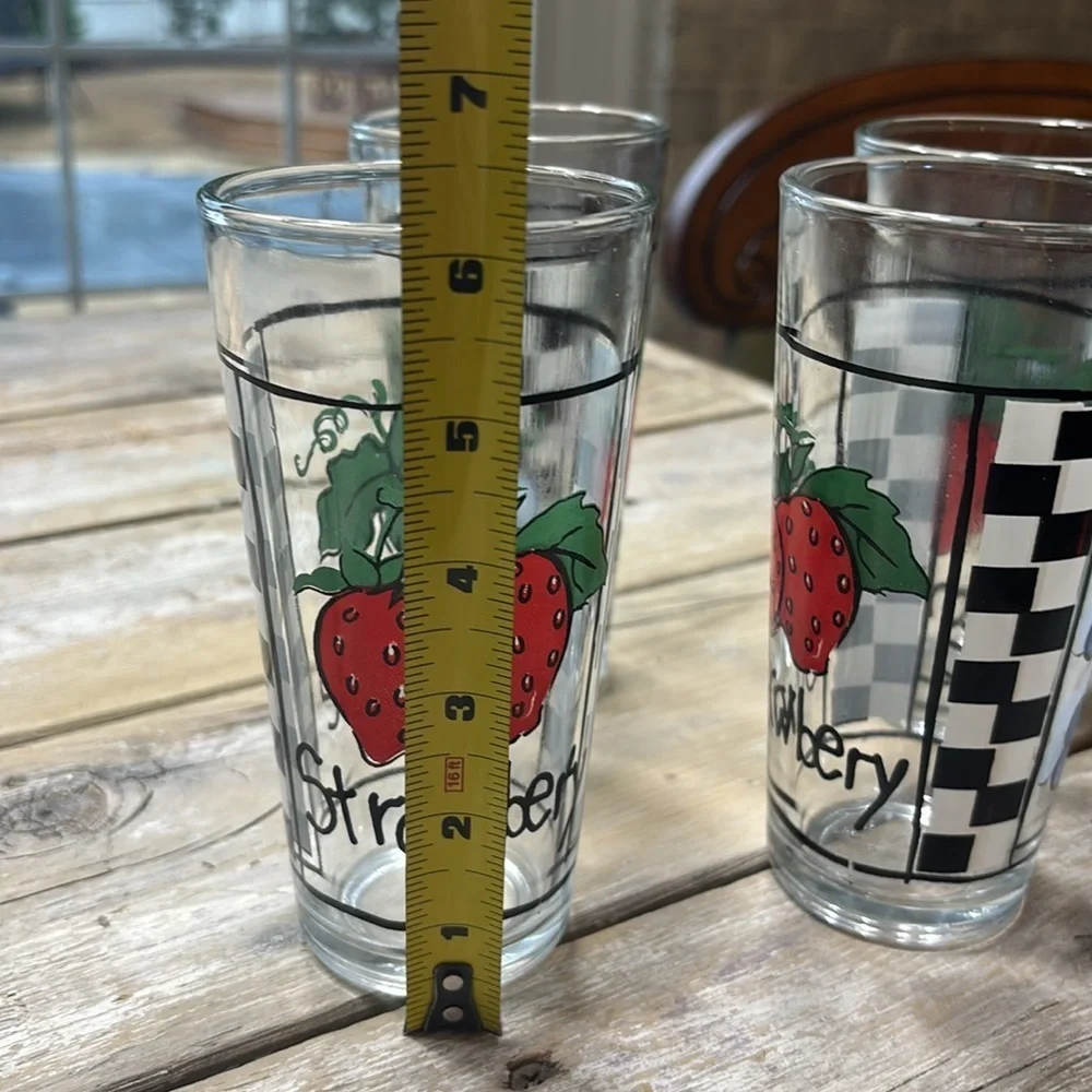 4 Vintage KIG Checkerboard Fruit Glasses. Numbered | Grape | Strawberry | Fruit